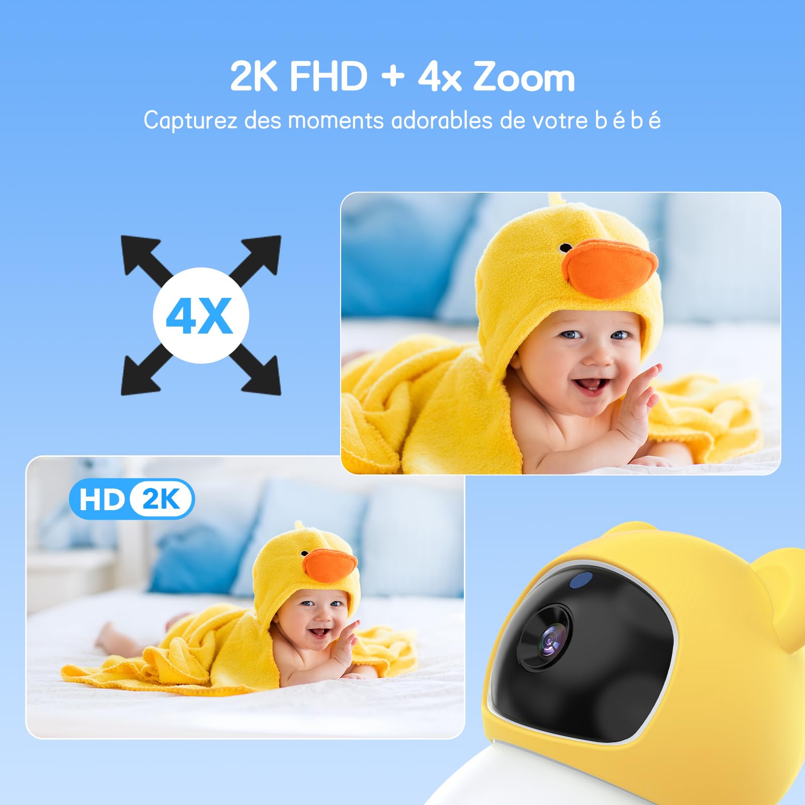 XPJ 2K 5" - Cámara de bebé con aplicación de teléfono, rotación de 360° luces de noche coloridas, zoom 4X, monitoreo de movimiento, seguimiento automático, zona de alarma personalizada