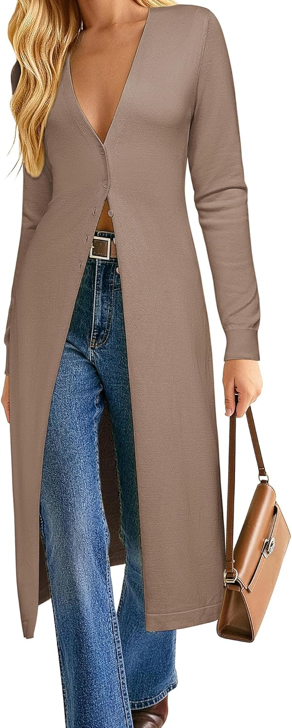 GRACE KARIN Womens Long Cardigan Trendy, Lightweight Knit Dusters Coat, V Neck Button Up Sweater Maxi Dress