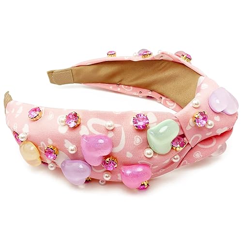 Miniatura 4 de BETITETO Diadema ancha anudada para mujer, diseño de corazón, diamantes de imitación rosa, perlas de cristal, bandas para el cabello, accesorios de
