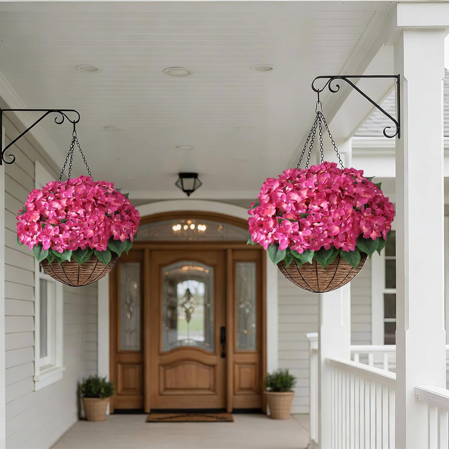 FOTEEWL 8 Bundles Artificial Hydrangea Flowers for Outdoor Decor, Realistic Faux Silk Bouquets Sun-Resistant Fake Plants for Front Door Balcony Farmhouse Garden Home Spring Summer Decor (Rose Red)