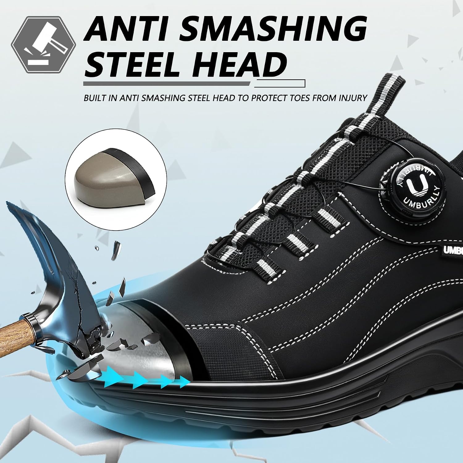 Hogent Steel Toe Shoes for Men & Women, Anti-Smashing Puncture Resistant Lightweight Comfortable Cushioned Work Shoes, All-Day Wear Construction Safety Sneakers Black