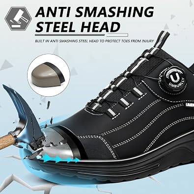 Hogent Steel Toe Shoes for Men & Women, Anti-Smashing Puncture Resistant Lightweight Comfortable Cushioned Work Shoes, All-Day Wear Construction Safety Sneakers Black