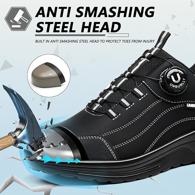 Hogent Steel Toe Shoes for Men & Women, Anti-Smashing Puncture Resistant Lightweight Comfortable Cushioned Work Shoes, All-Day Wear Construction Safety Sneakers Black