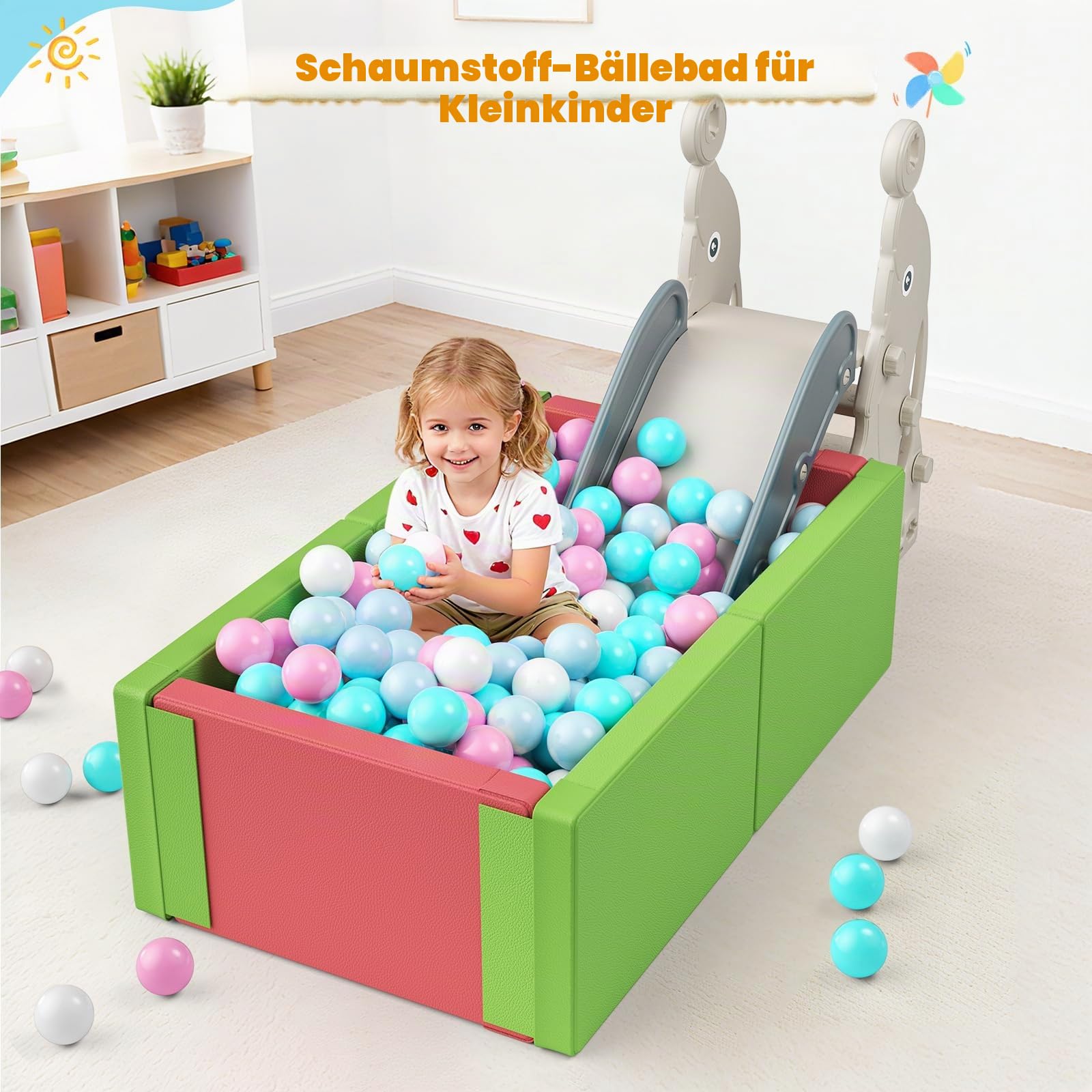 Bällebad Baby 90x56x30cm, Schaumstoff Spielbecken mit PU-Leder, Versteckter Reißverschluss, Waschbar, Abwaschbar, Sicher für Kinder, Faltbar