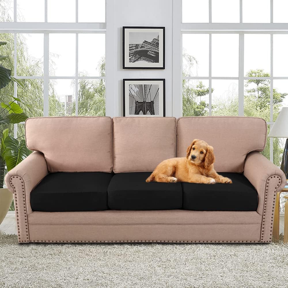 H.VERSAILTEX Water Resistant Woven Linen Look Couch Cushion Covers Sofa Cushion Covers for 3 Cushion Couch Individual Seat Cushion Covers Cushion Protector Slipcovers (3 Pack,Heather Black)