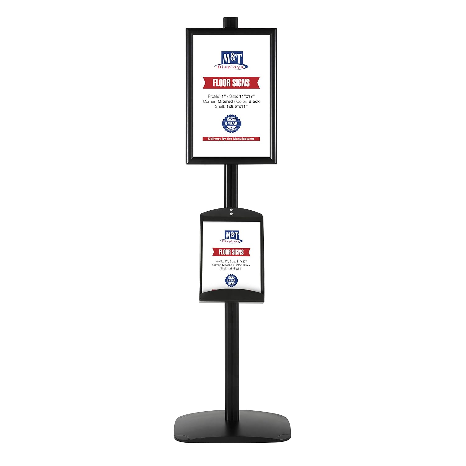 M&T Displays Free Standing Aluminum Display Stand Single Sided Document Brochure Sign Holder Front Loading Portrait Landscape Black Snap Frame 8.5x11 and Metal Tray Shelf 8.5x11... - Image 2