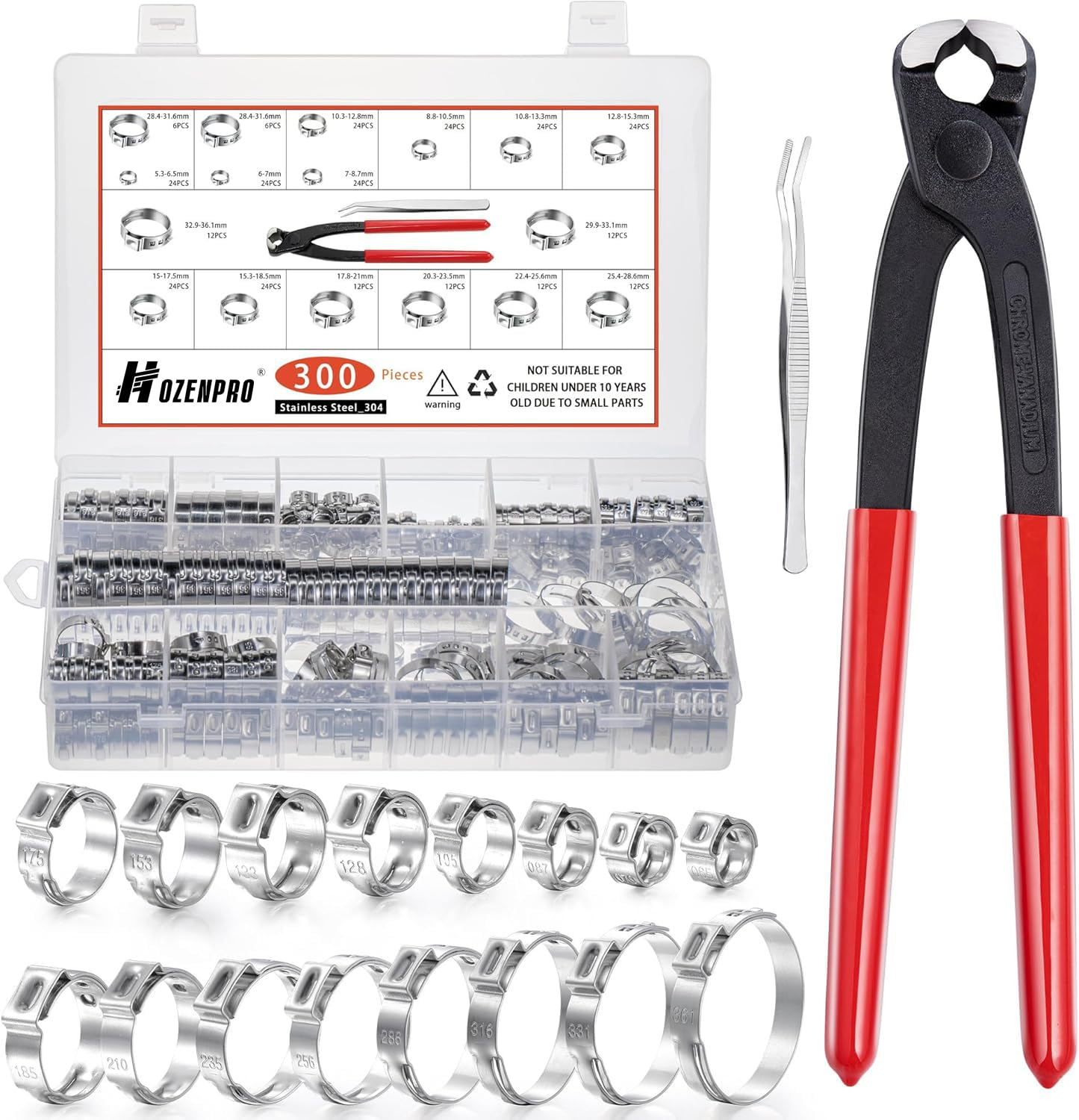 300pcs 16 Sizes Single Ear Hose Clamps, 5.3-36.1mm Stainless Steel_304 Crimp Hose Clamps Cinch Rings Assortment Kit for Automotive, Pipe, Plumbing