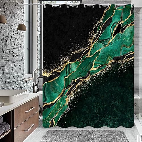 Miniatura 14 de Cortina de ducha con diseño de mármol verde, verde azulado y blanco degradado, moderna, abstracta, de lujo, ondas, decoración del hogar, tela