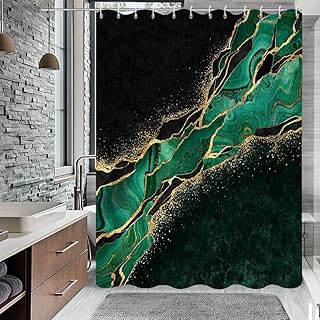 Black Green Marble Shower Curtain, Modern Luxury Black Gold Veins Exotic Moroccan Green Malachite Glitter Marble Bathroom Curtain Bathtub Decor Waterproof Fabric Machine Washable