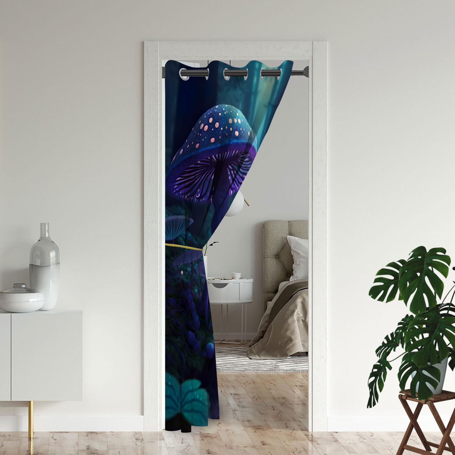 ONINUO Fantasy Mushroom Door Curtains for Doorways, Nature Forest Plant Purple Blackout Curtain for Kids Bedroom Closet, Grommet Thermal Insulated Privacy Door Drapes for Room Divider, 34