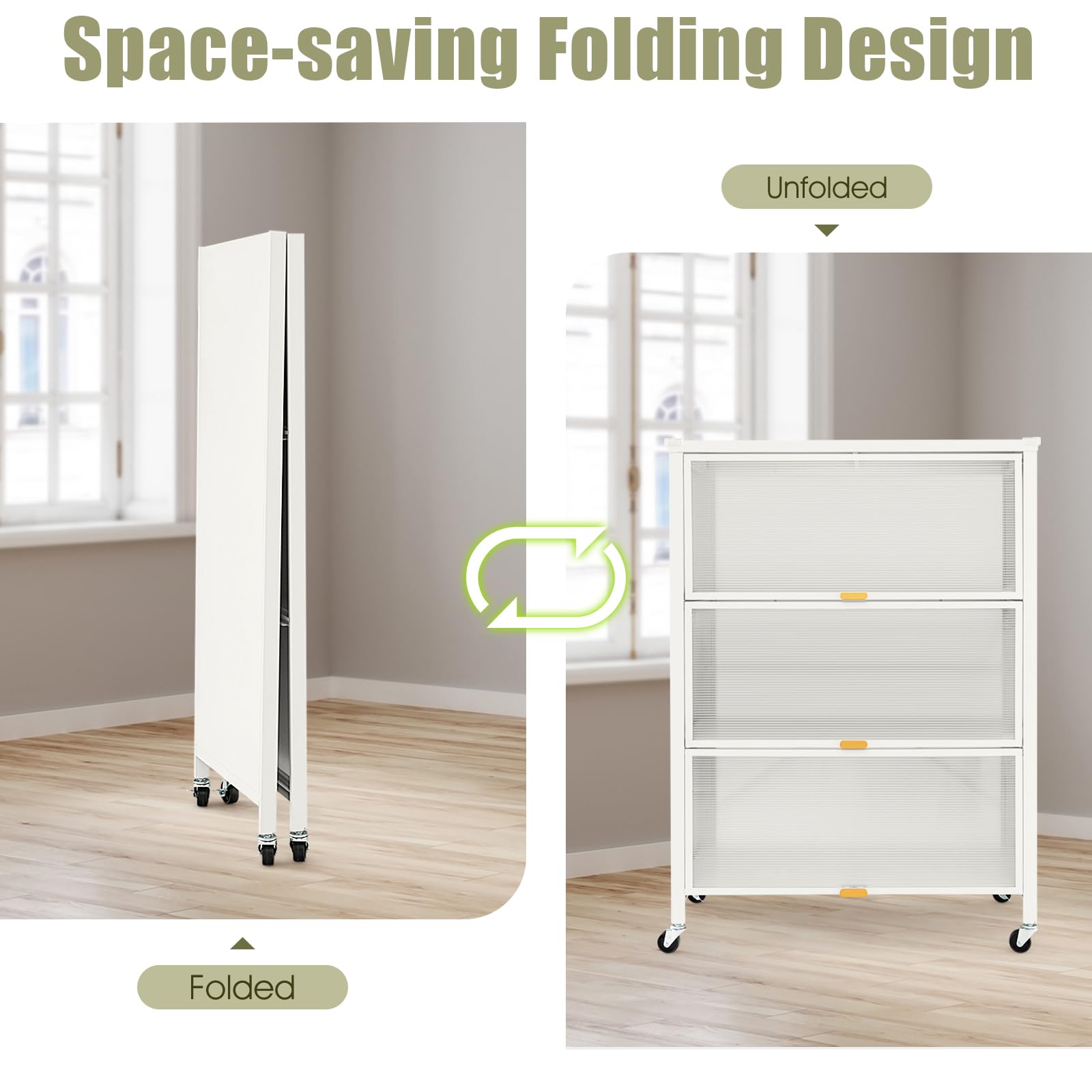 KOMFOTTEU Küchenregal mit 4 Ebenen, Küchenschrank mit 4 Rollen und transparenten Klapptüren, Aufbewahrungsschrank aus Metall mit Kippsicherung für Esszimmer, 81 x 37 x 115 cm