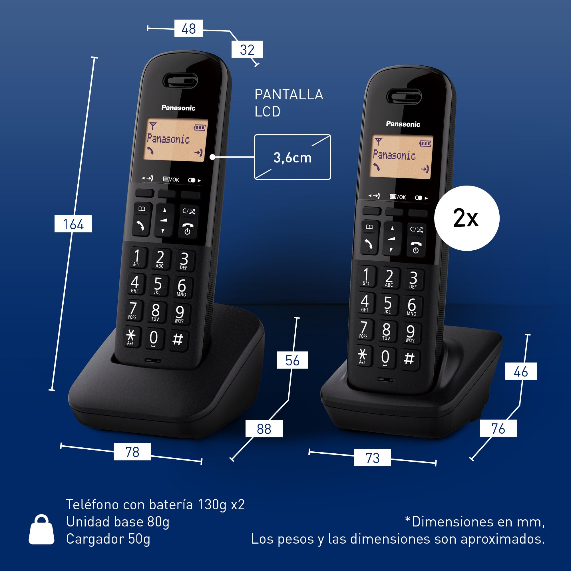 Panasonic KX-TGB613SPB Teléfono Fijo inalámbrico trío, Bloqueo de Llamadas, 18 Horas de conversación, 200 Horas en Espera, Agenda 50 contactos, Resistencia a caídas, Color Negro