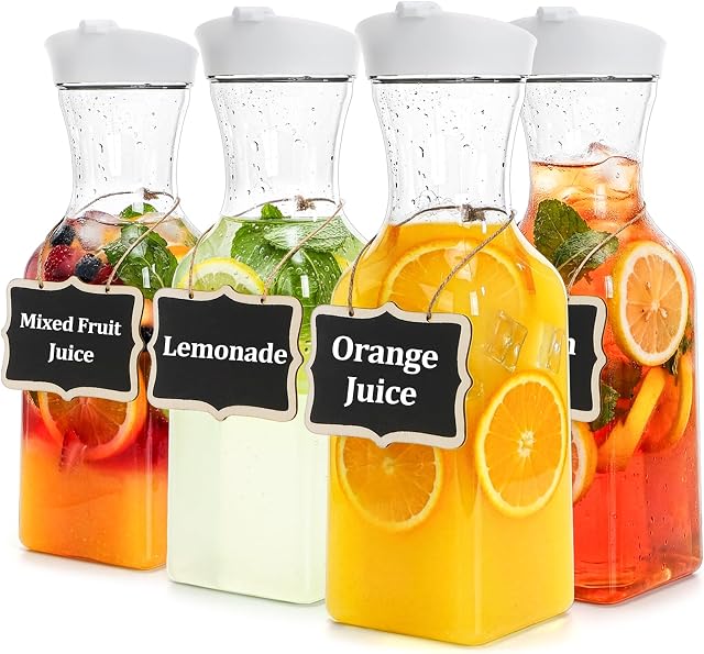 Jucoan paquet de 4 1 Carafe de jus en plastique litre avec lids pour bar, brunch, carafes d'eau claire avec haut de glissade pour thé glacé, boisson, lait, Brew froide, limonade, fournitures de bar