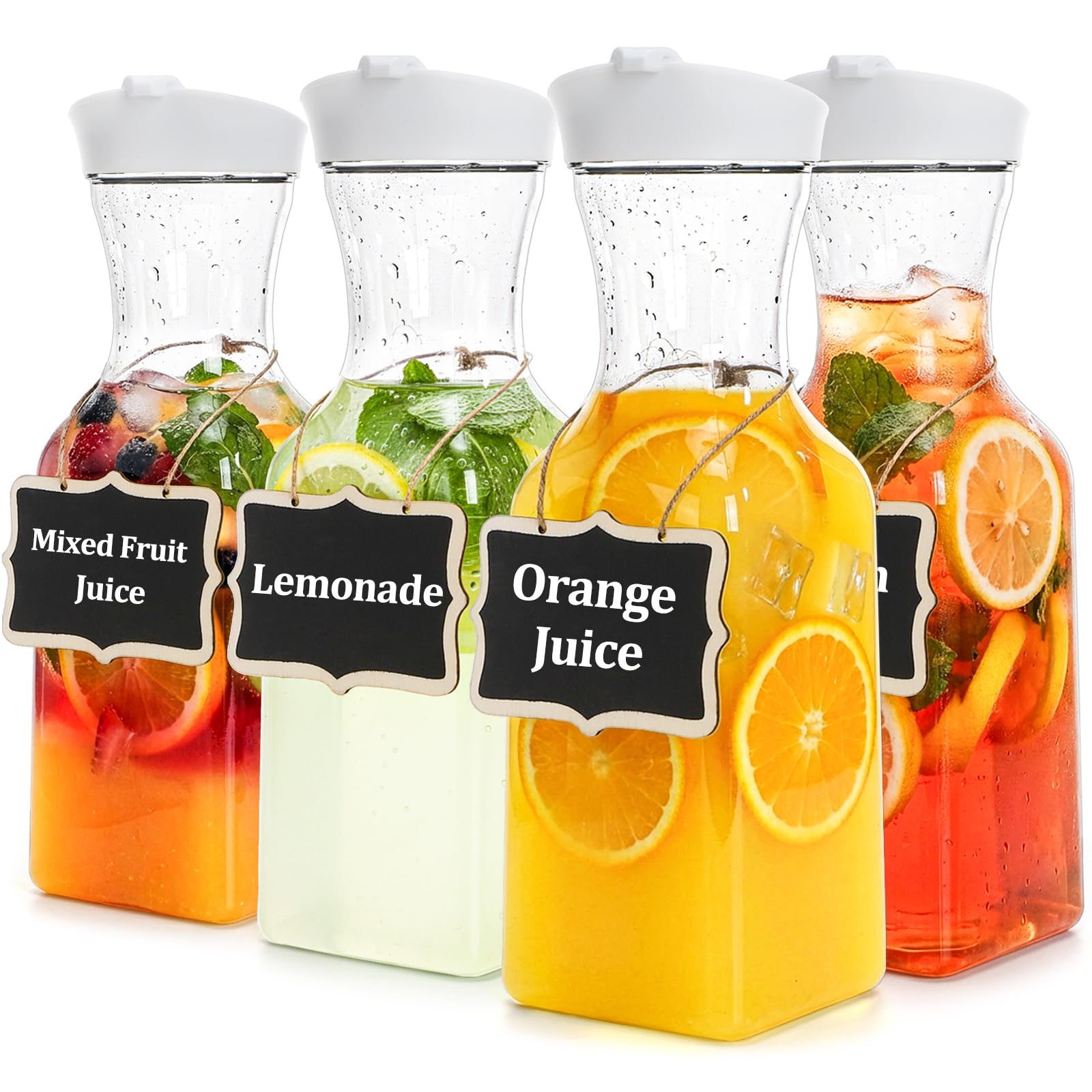 Jucoan 4 Pack 1 Liter Plastic Juice Carafe with Lids for Mimosa Bar, Brunch, Clear Water Carafes with Flip Top Lid for Iced Tea, Beverage, Milk, Cold Brew, Lemonade, Mimosa Bar Supplies