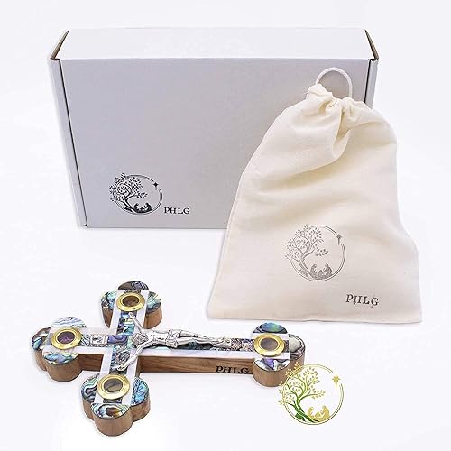 Miniatura 9 de Cruz de madreperla católica de madera de olivo - Crucifijo de pared con reliquias de Tierra Santa