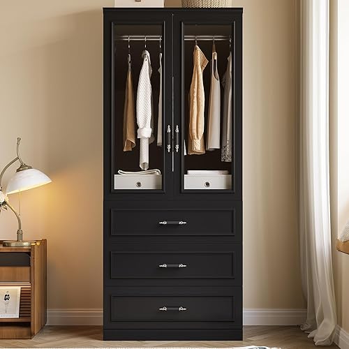MEISSALIVVE Armoire Wardrobe Closet with 2 Door & 3 Drawers, 74.8" Large Wardrobe Cabinet with Hanging Rod, Freestanding Modern Bedroom Armoire Storage Cabinet, Black