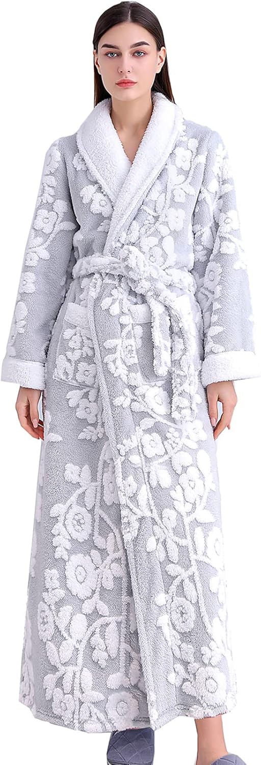 Women's Sherpa Fleece Chenille Robes Long Warm Plush Luxury Bathrobe Fuzzy Thicken Housecoat Jacquard Pattern