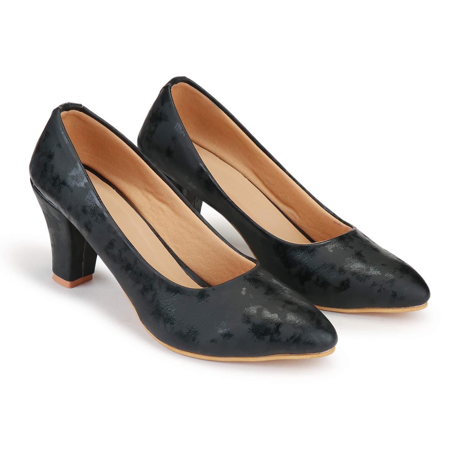 Women's MAT and Glossy Print Block Heel Pump (40, Black)