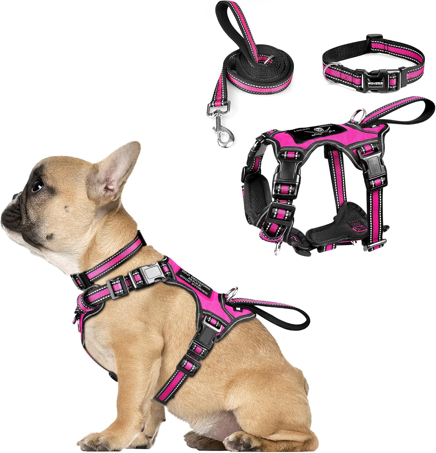 WINSEE Pet Harness Collar and Leash Set, All-in-one Reflective Dog Harness No Pull with Adjustable Buckles for Puppies, Small, Medium, Large, and Extra-Large Dogs (X-Large, Rosy)