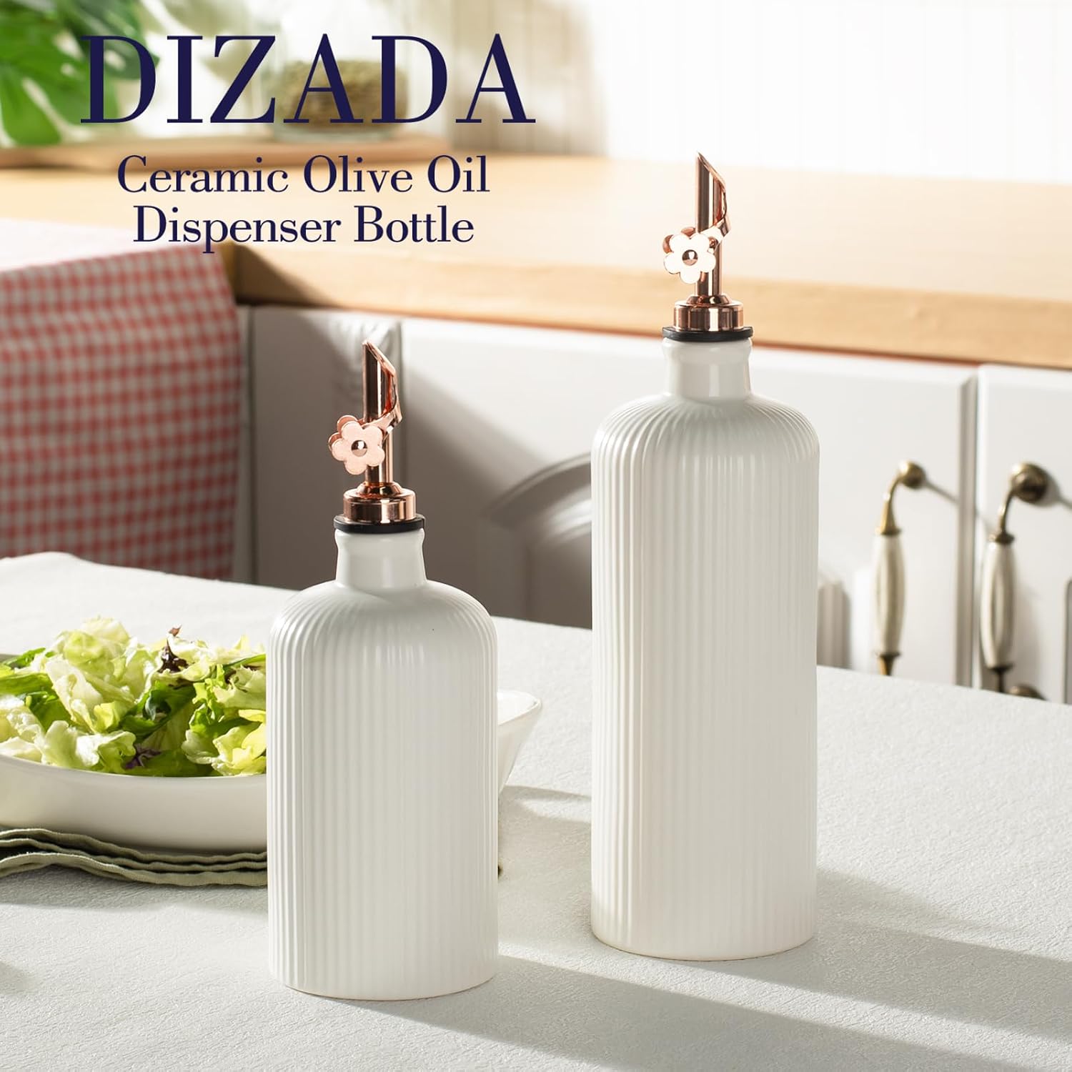 Dizada Olive Oil Dispenser Bottle Set of 2 (22 Oz + 14 Oz) - Porcelain Oil and Vinegar Bottles with Stainless Steel Spout, Ceramic Kitchen Cruet, Dishwasher Safe thumbnail