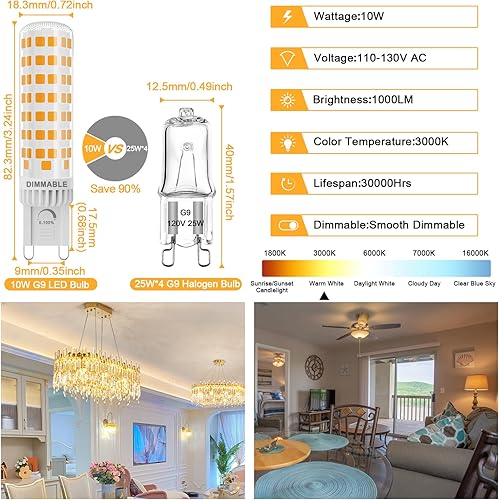 Miniatura 2 de Bombillas LED G9 regulables de 10 W, equivalente a bombilla halógena de 100 W, 3000 K de luz blanca cálida para candelabros, 120 V, 1000 lm, base