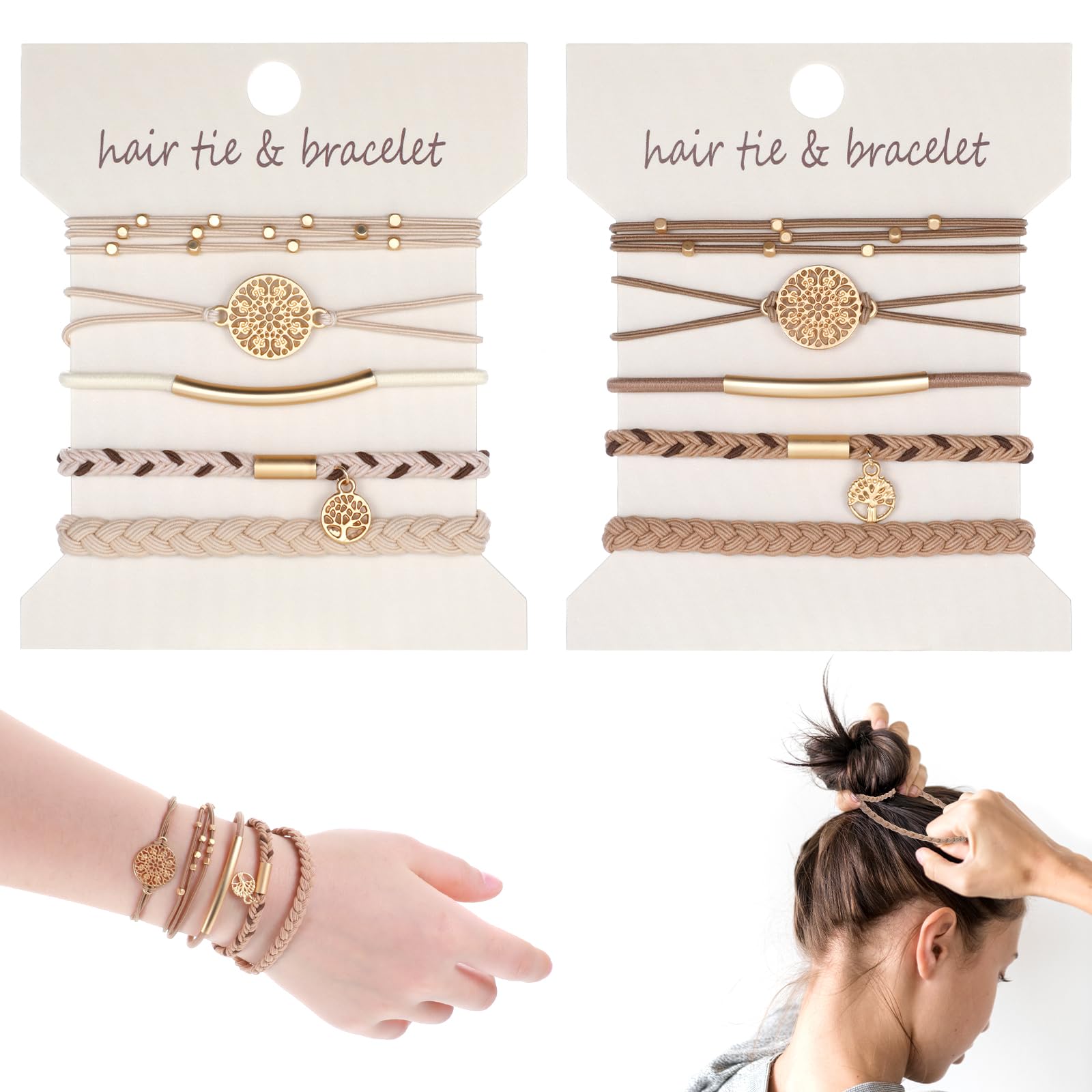 Hair Ties Bracelet for Women, 10 PCS 5 Styles Boho Dual-Use Bracelet and Hair Tie Stylish Soft Braided Hair Bands Elastic No Damage Hair Ties for Thin & Thick Hair Pony Tails (Beige Brown)
