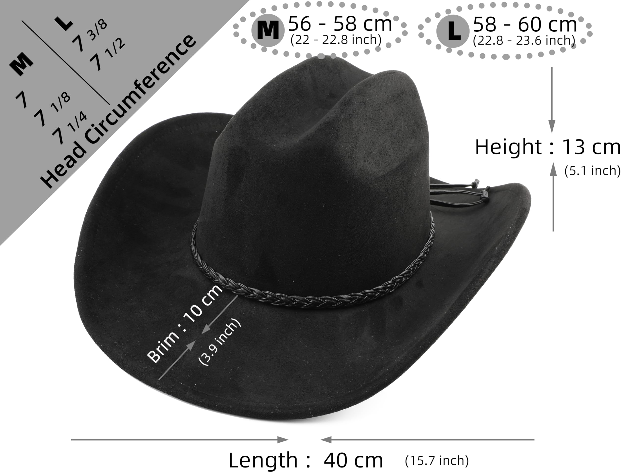 Pro Celia Big Wide Brim Cowboy Hat for Women Men Felt Western Cowgirl Hats (US, Alpha, Large, PU-Black)
