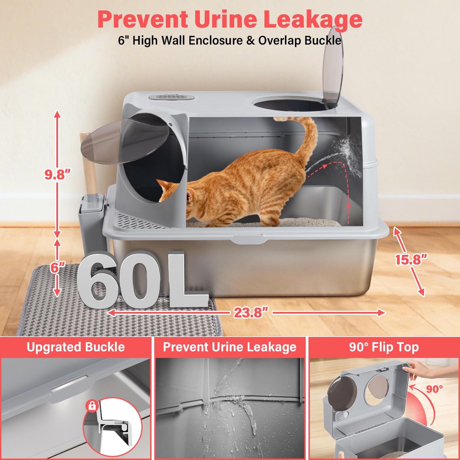 Enclosed Stainless Steel Cat Litter Box with Lid, XL Large Metal Litter Box Stainless Steel, Odor-Free/Anti-Leakage & Non-Stick/Easy Clean, High Sided Litter Box with Mat & Scoop for Big Cats - image 2