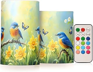ALAZA Spring Summer Flowers Blue Bird Flickering Flameless Candles Battery Operated with Remote Timer,Tea Light Candles LED Pillar Votive Candles Set of 2 for Outdoor Indoor Decorations