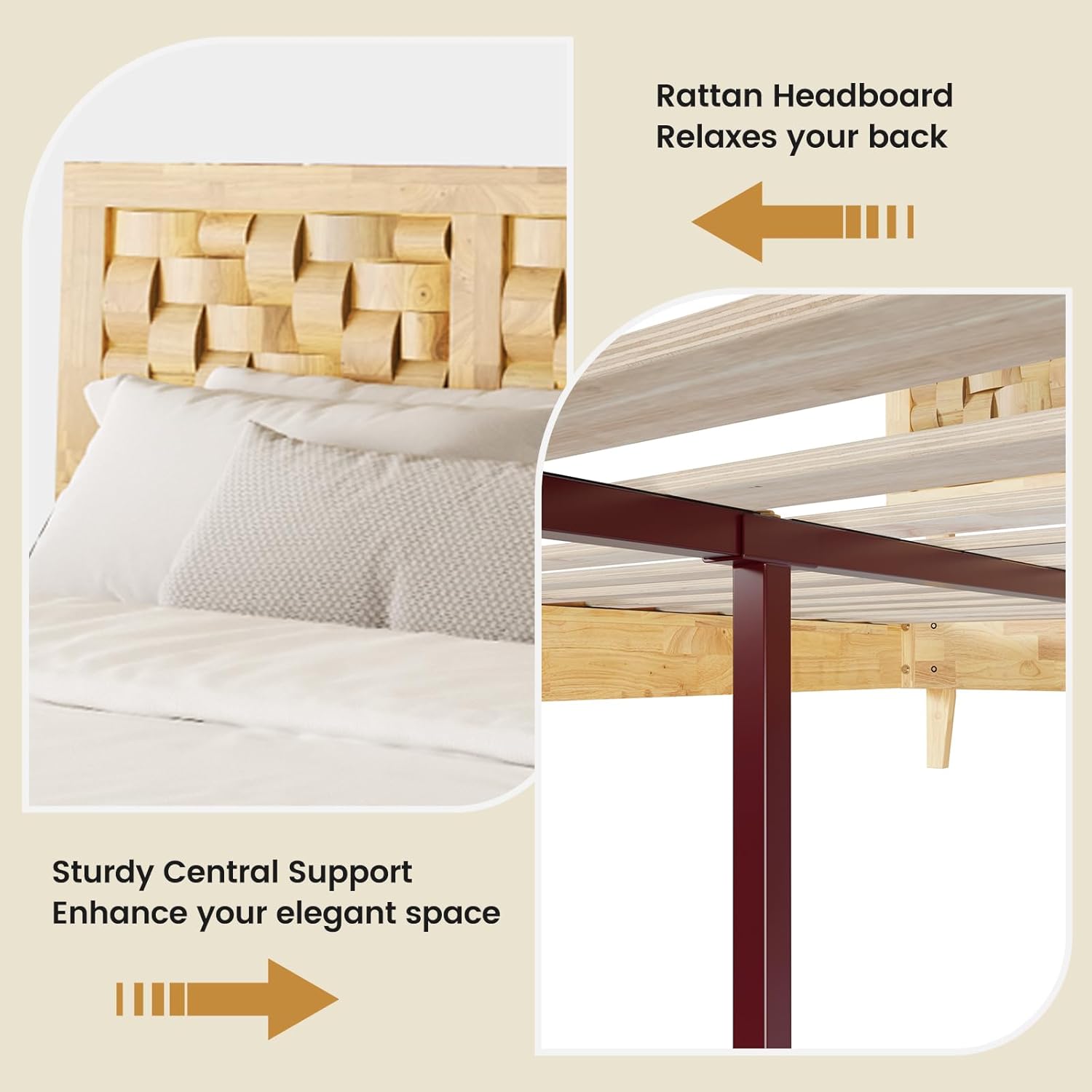 14 Inch Deluxe Bed Frame with Handcrafted Geometric Headboard, Queen Platform Solid Wood Bed Frame, No Box Spring Needed, 12 Strong Wood Slat Support, Easy Assembly, Natural