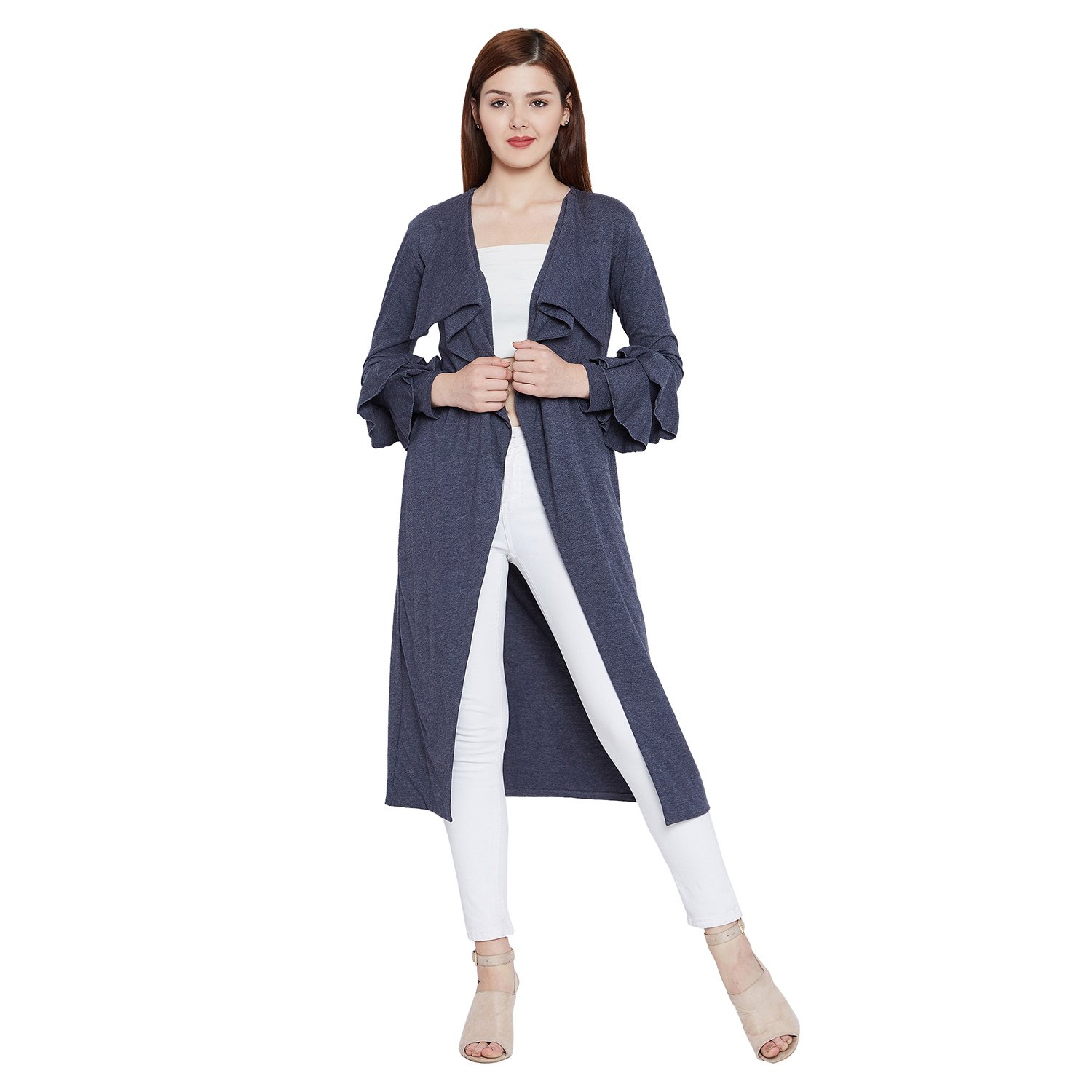 hypernation Blue Melange Color Cotton Blend Long Shrug for Women(HYPW02203)-picture-18