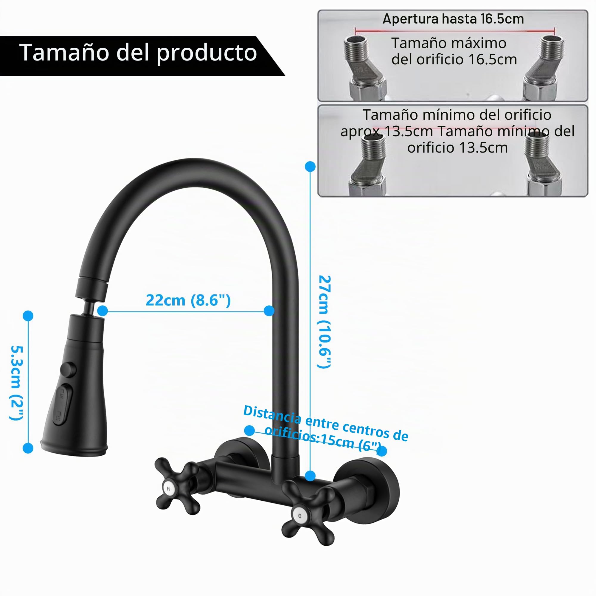 Grifo Cocina Pared Negro, Griferia de Fregadero en la Pared Giratorio a 360​° Grifo Cocina Aireador Extraíble, Agua Fría y Caliente con Rociador de 3 Funciones (27cm)