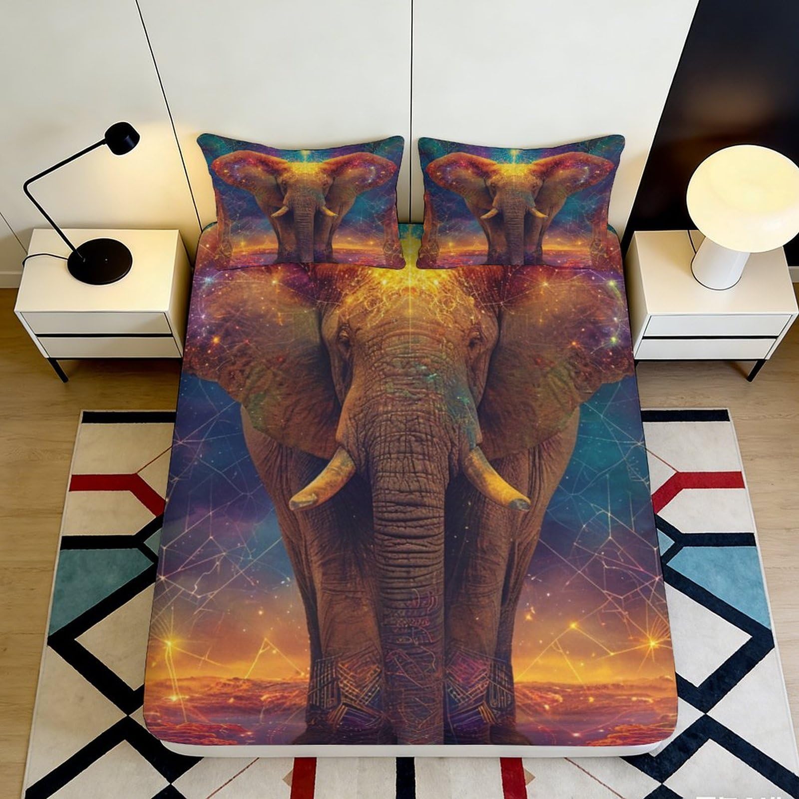 3D Printed Elephant Galaxy Fitted Sheet Microfiber Soft Breathable Cosmic Mattress Cover for Bedroom Dormitory Guest Room Protection Decor 120x200x25cm