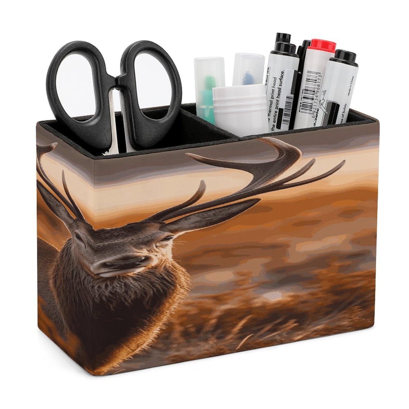 VstaDank Antler Red Deer Pencil Holder for Desk(Double Slots) Fashion Leather Pencil Cup Simple Rectangular Shape Pen Holder Multi-Functional Pen Cup for Home Office Supplies Storage