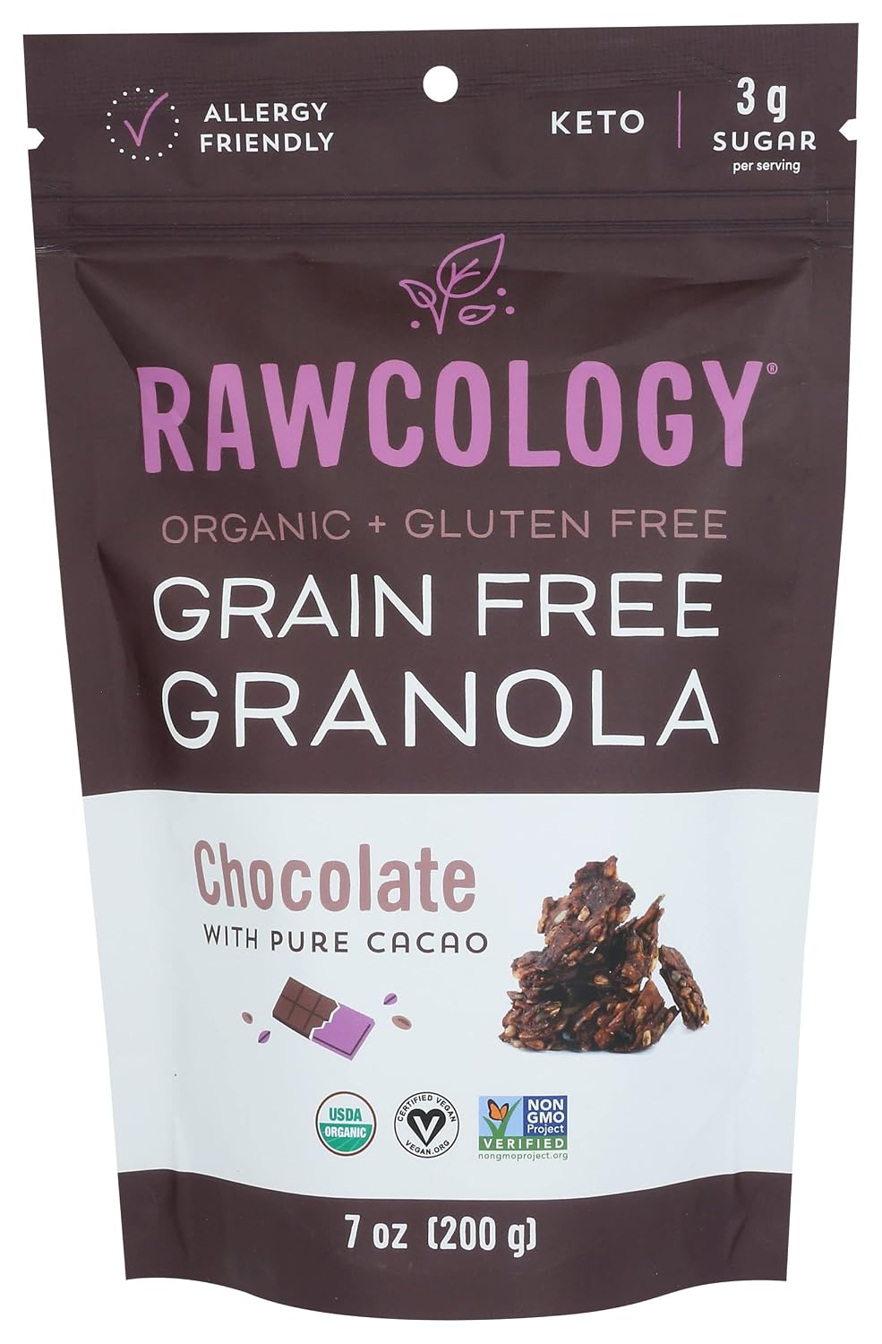 Rawcology Raw Crunch Granola, Chocolate with Raw Cacao, USDA Certified Organic, Vegan, Nut Free, Dairy Free, Soy Free, Gluten Free & Non-GMO, 7 Ounce (Pack of 6)