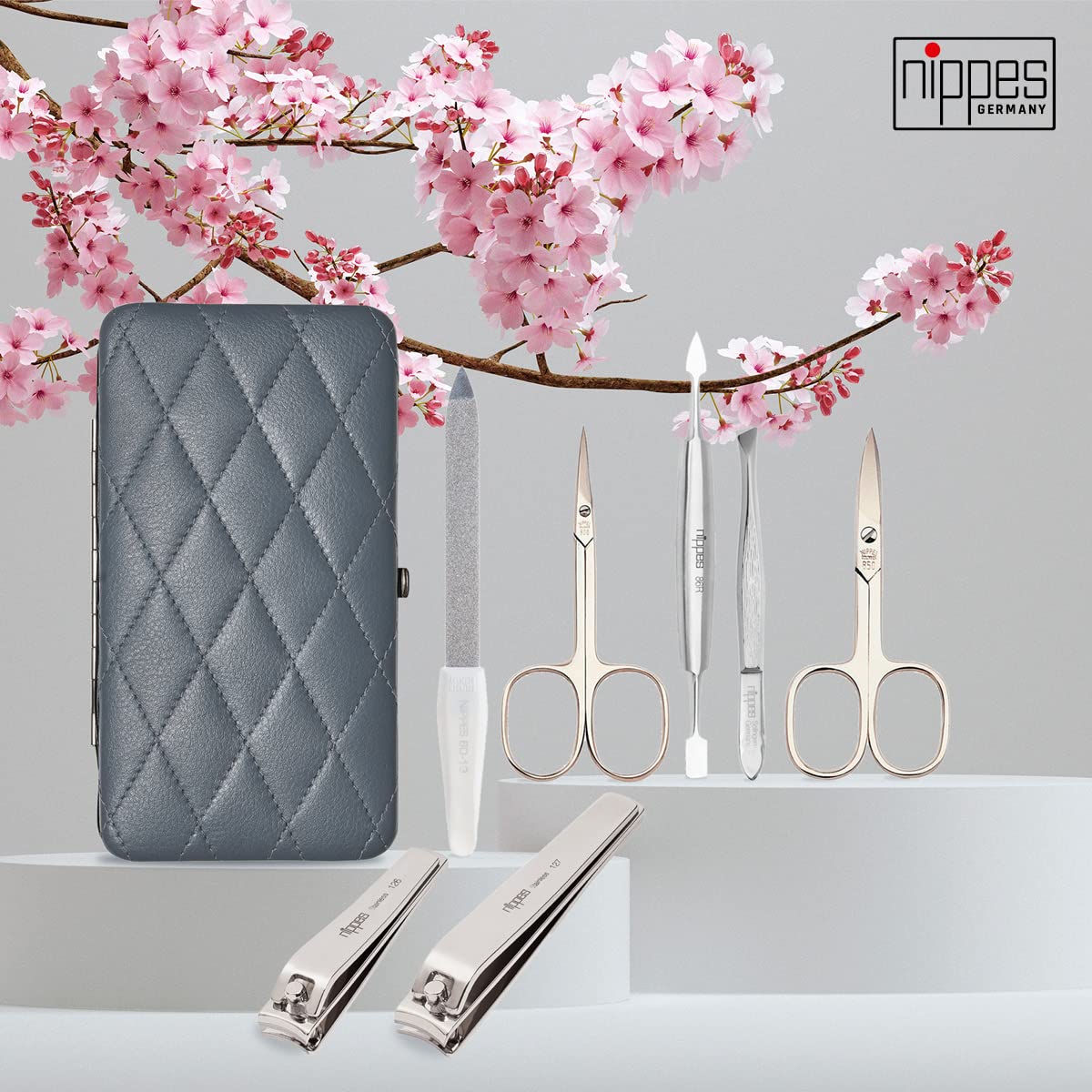 nippes Solingen Zestaw do manicure w romby, 7-częściowy, etui z jagnięcej nappa z ramą i skórzaną wyściółką wewnątrz, zestaw do pielęgnacji paznokci Made in Germany, zestaw do pielęgnacji paznokci z niklowanymi instrumentami