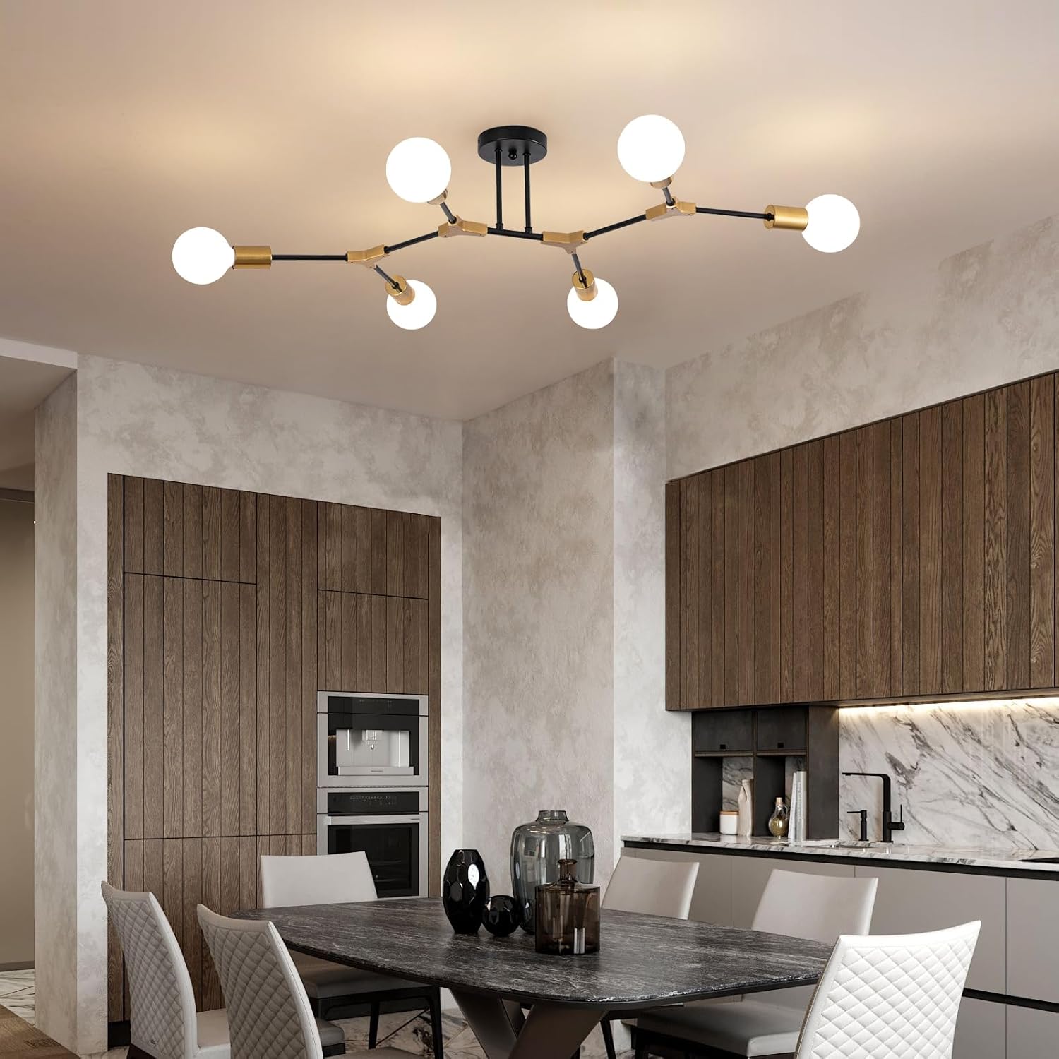 Black and Gold Semi Flush Mount Ceiling Lighting Fixture, 6 Lights Sputnik Chandelier for Living Room, Modern LED Ceiling Light Fixture for Dining Room, Bedroom, Kitchen