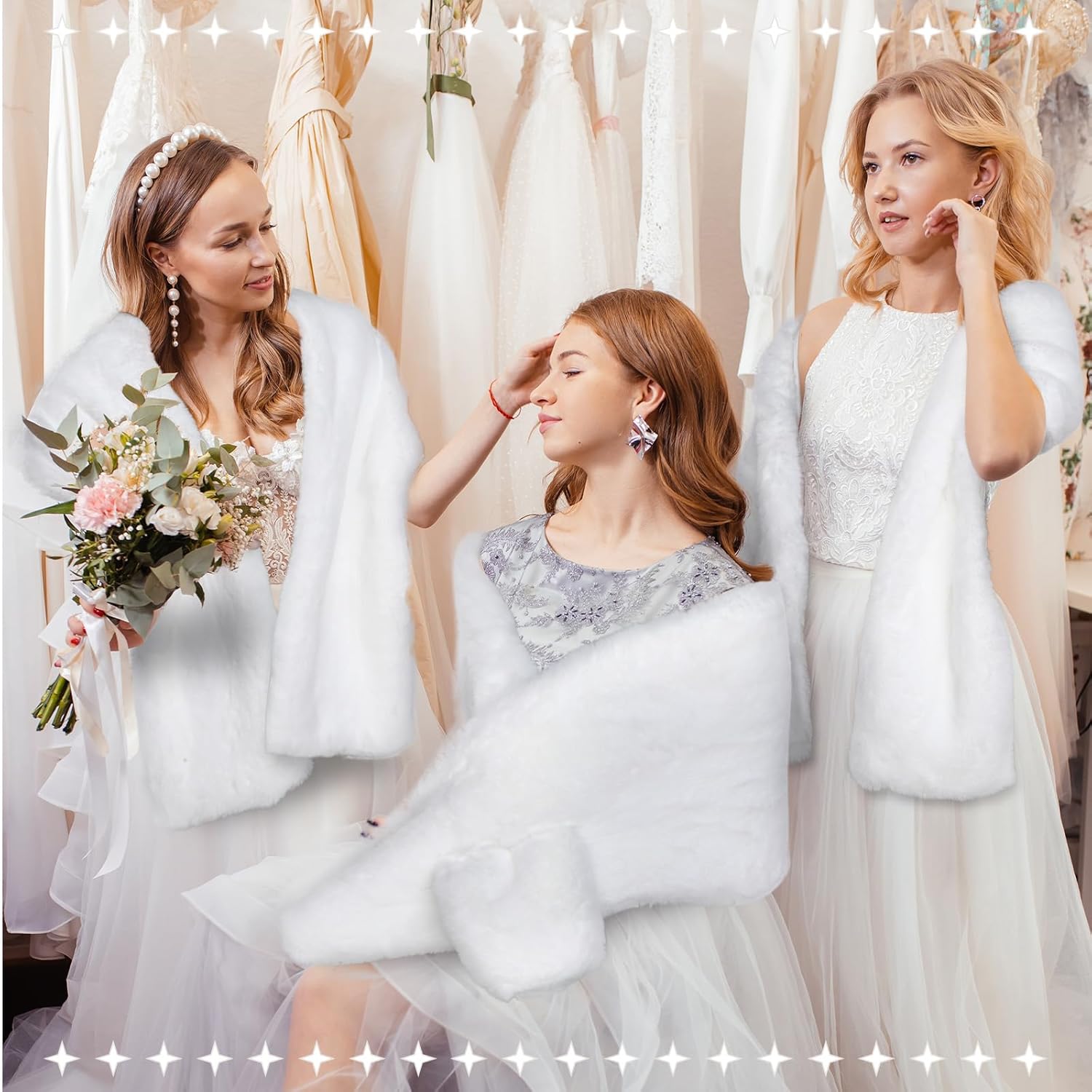 Jadive Women's Faux Fur Shawl Wrap Fake Fur Stoles Scarf Shrug Bridal Winter Wedding Evening Dress with 2 Rhinestone Brooches - Image 6