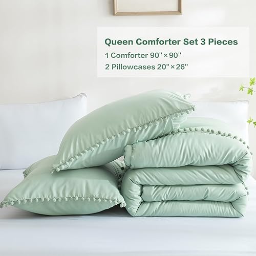 Miniatura 6 de Andency Juego de edredón de 3 piezas de color verde salvia, juego de ropa de cama bohemio y moderno con pompones, para todas las estaciones, para