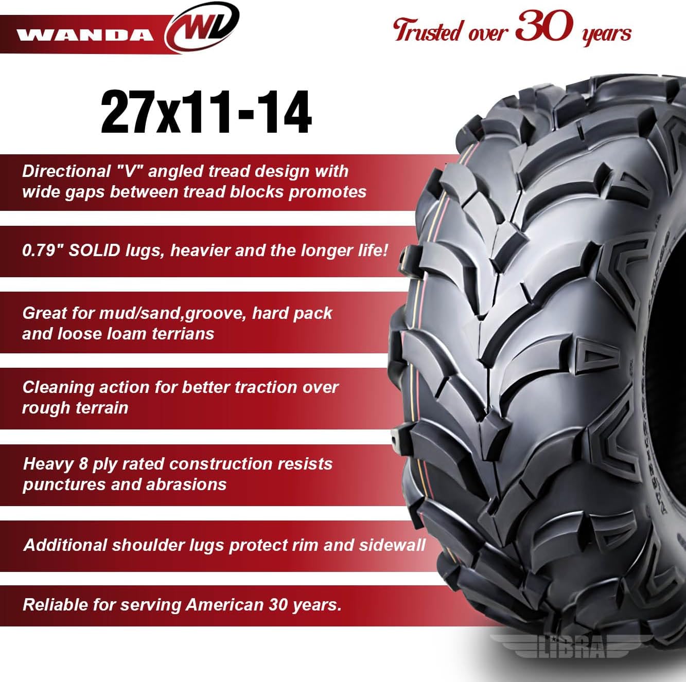 WANDA UTV ATV Tires 27x11-14 27x11x14 8PR Solid Mud 20mm Tread Design (Set of 2)