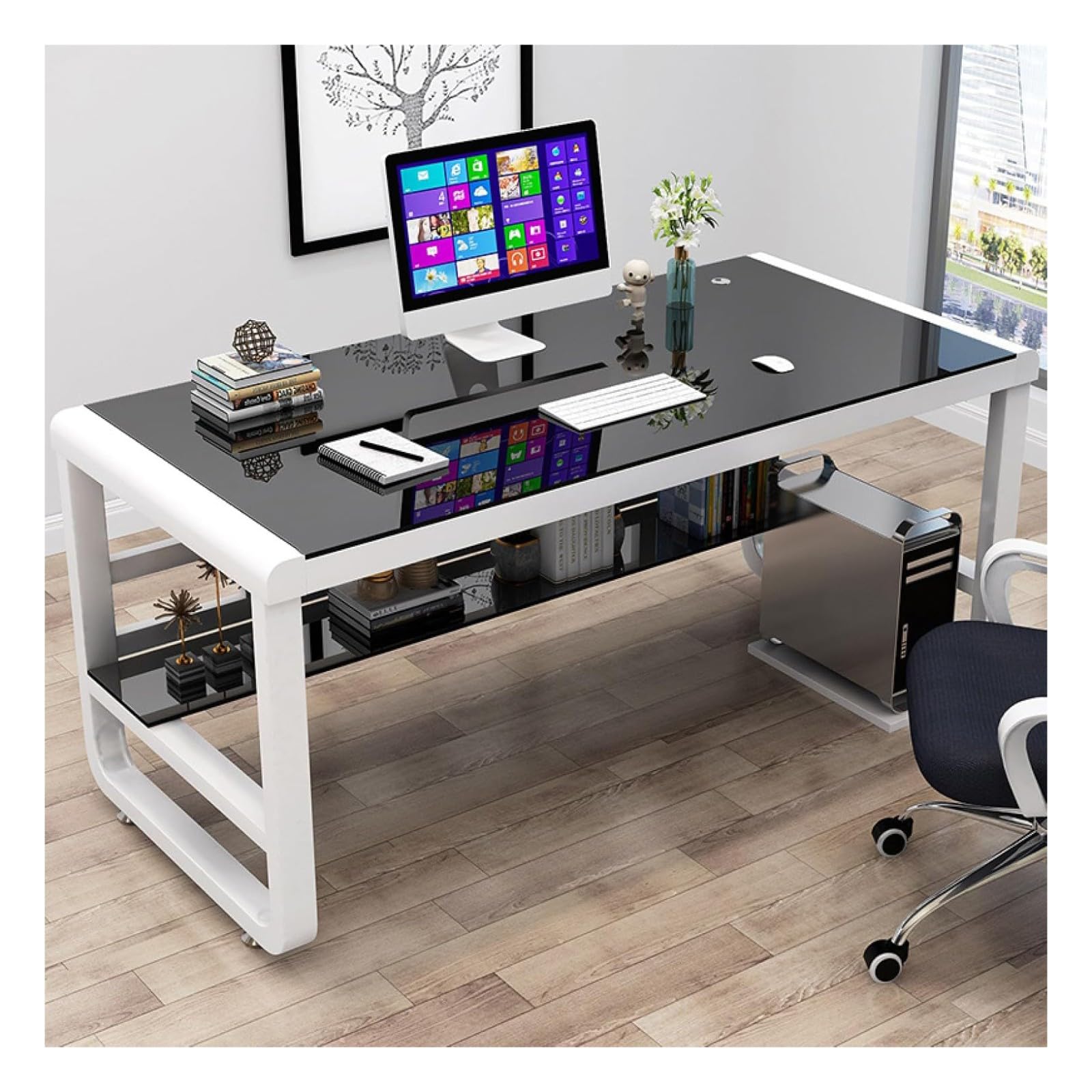 WDSOPK Computer desk Home Office Desk Tempered Glass Computer Desk with Storage Shelves, Modern Home Desk Gaming Table Writing Study Table Workstation for Home Office（Black & White-120cm）