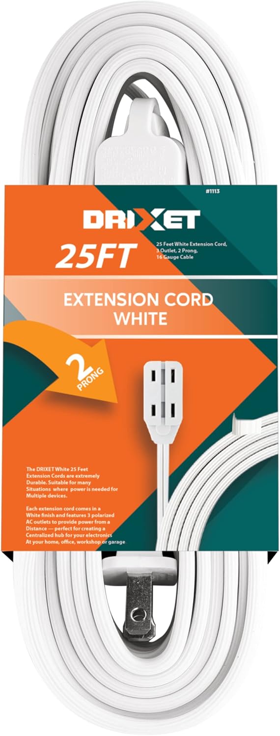 25 Feet White Extension Cord 3 Outlet 2 Prong 16 Gauge