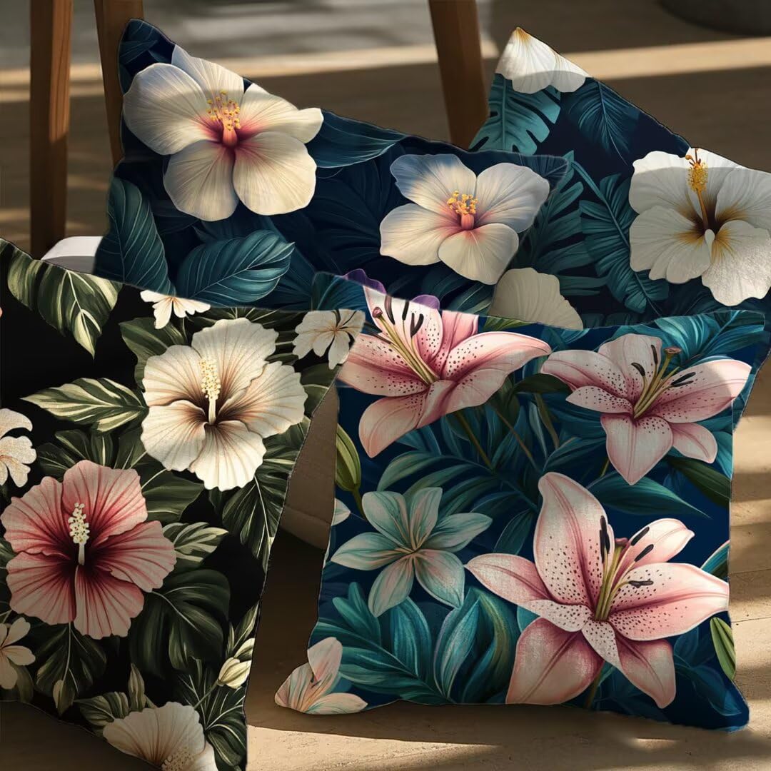 Kissenbezug 40x40 cm 4er Set Outdoor Kissen Sommer Gartenkissen Beidseitiger Druck Sofakissen Blume Dekokissen mit Reißverschluss, Wetterfest Leinen Kissenhülle für Garten Balkon Terrasse Deko Ym546