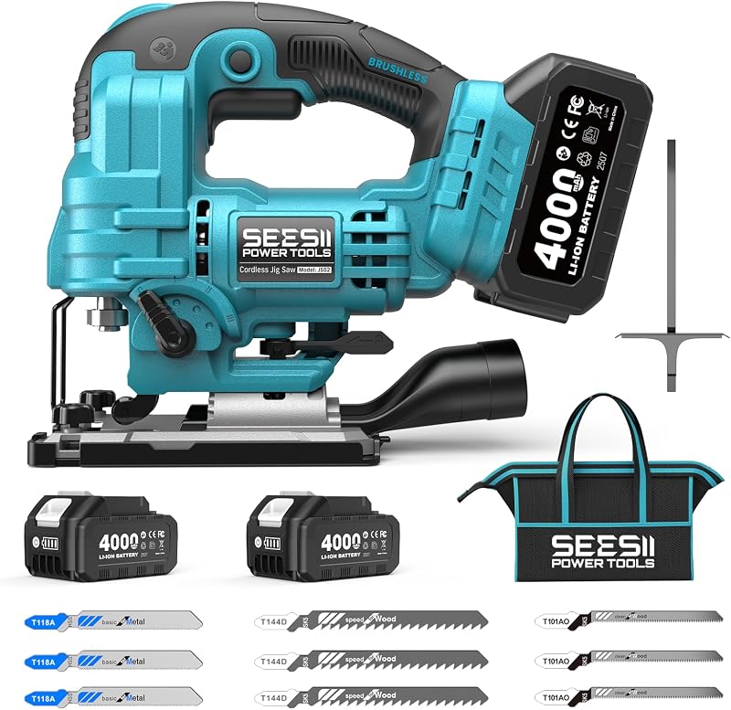 Brushless Jig Saw, Cordless Jigsaw Tool 2×4.0Ah Batteries | 0–45° Bevel Cut, 3500 SPM Variable Speed, 4 Orbital, Electric Jig Saw for Woodworking, Cutting Wood Metal PVC