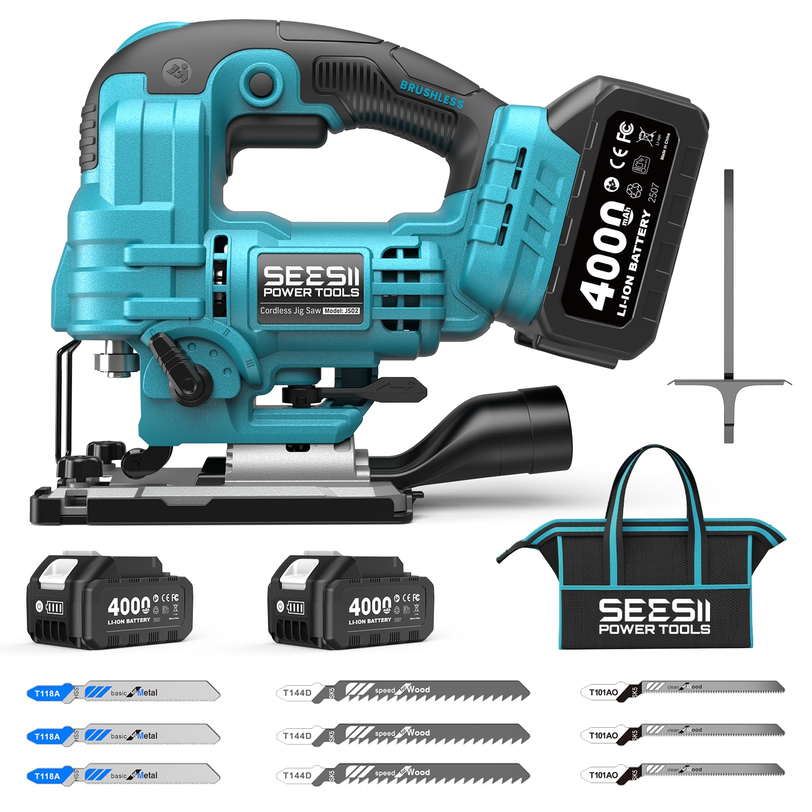 SEESII Brushless Cordless Jigsaw Tool, 2×4.0Ah Batteries, Tool-Free 0–45° Bevel Cutting, 3500 SPM Variable Speed, 4 Orbital Settings, Electric Jig Saw for Woodworking & DIY Projects & Home Use