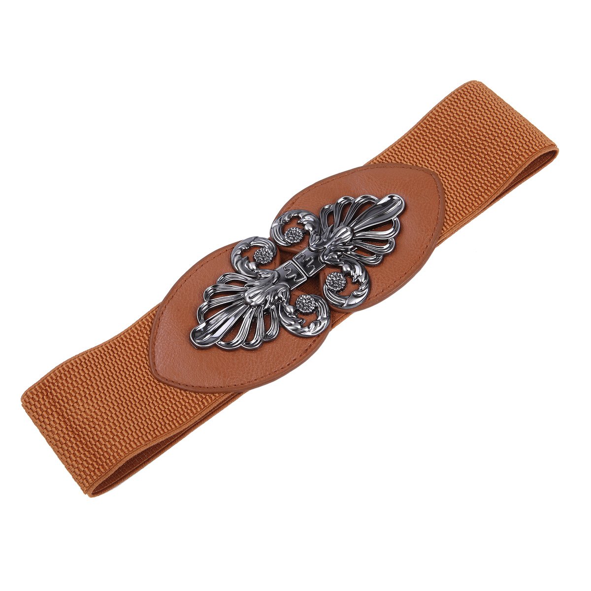 Premium Interlocking Floral Buckle Wide Elastic Stretch Waist Belt Waistband, Camel