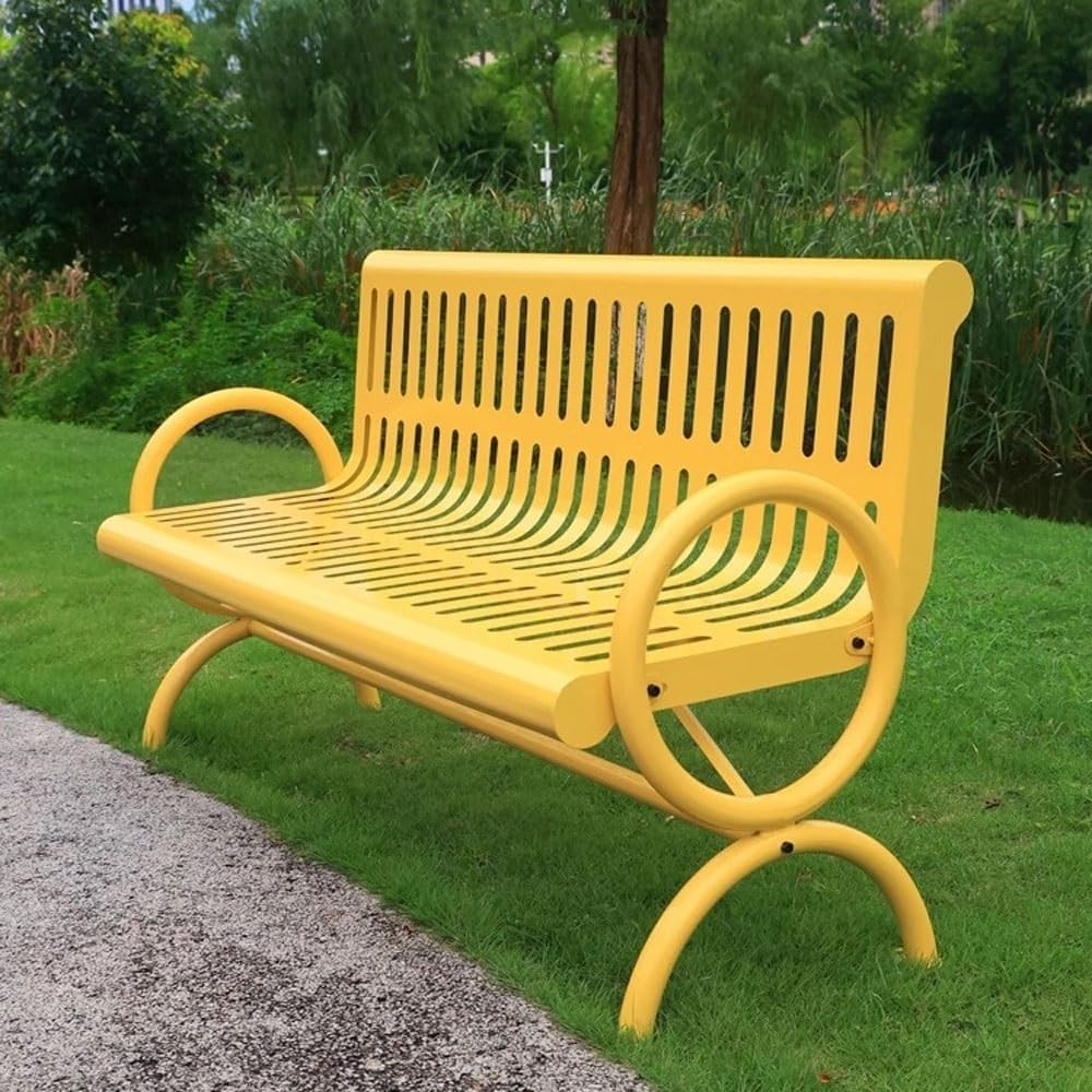 Outdoor Bench Outdoor Metal Bench with Comfortable Seat Back, Garden Furniture Multiple People Bench Seat, for Park Patio Yard Yellow Park Garden Bench(Large)
