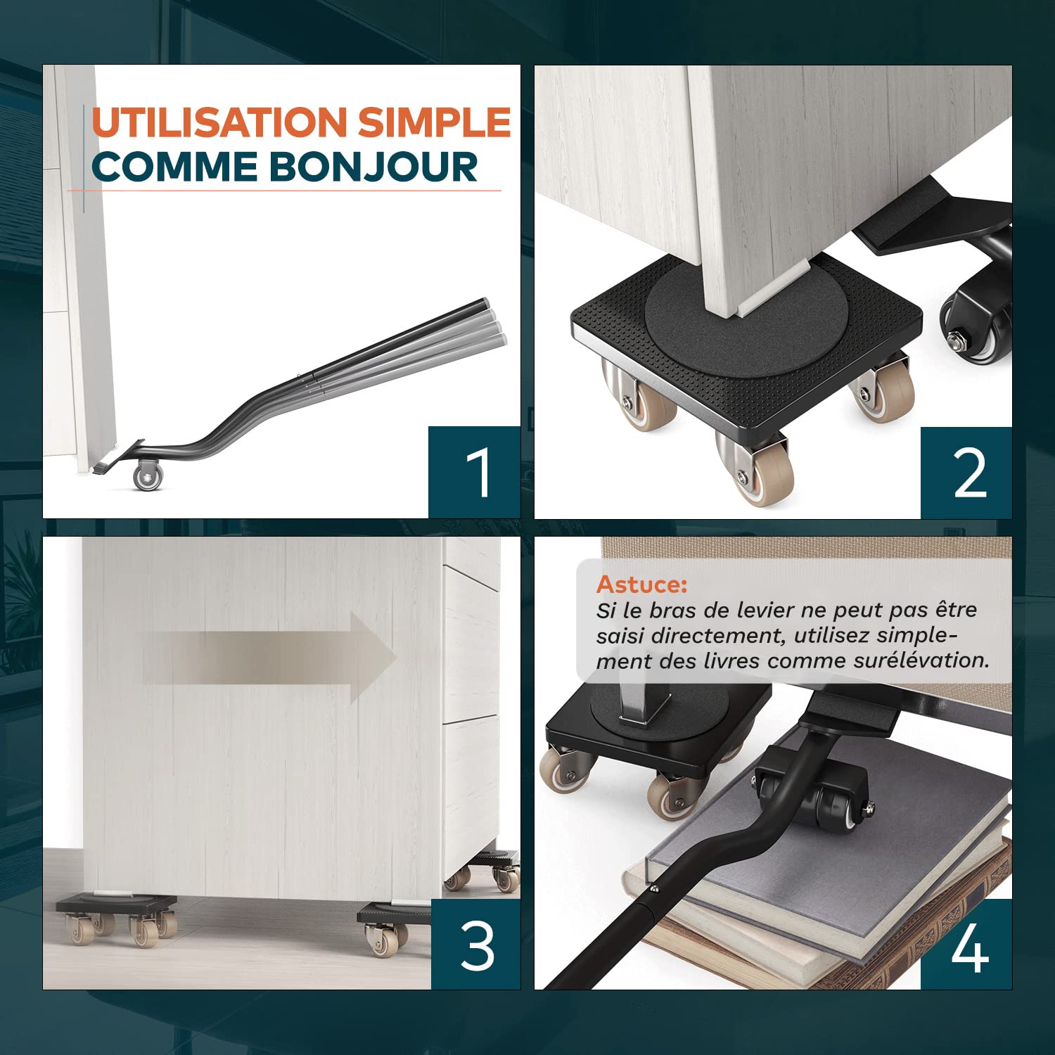Leve Meuble innovant pour Meubles Lourds FAIRMO - 4 Chariots de Transport et 1 lève-Charge (avec Patins antidérapants) - roulettes pour Meubles Lourd en TPE - deplace Meuble Lourd sans Effort