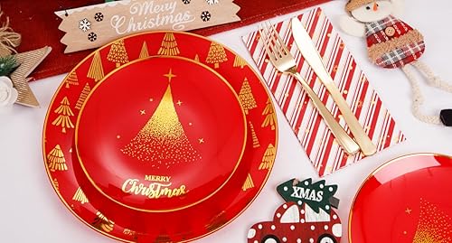 Miniatura 9 de Hioasis 175 platos de plástico blanco y platos desechables dorados y servilletas preenrolladas, cubiertos dorados incluyen 25 platos de cena, 25