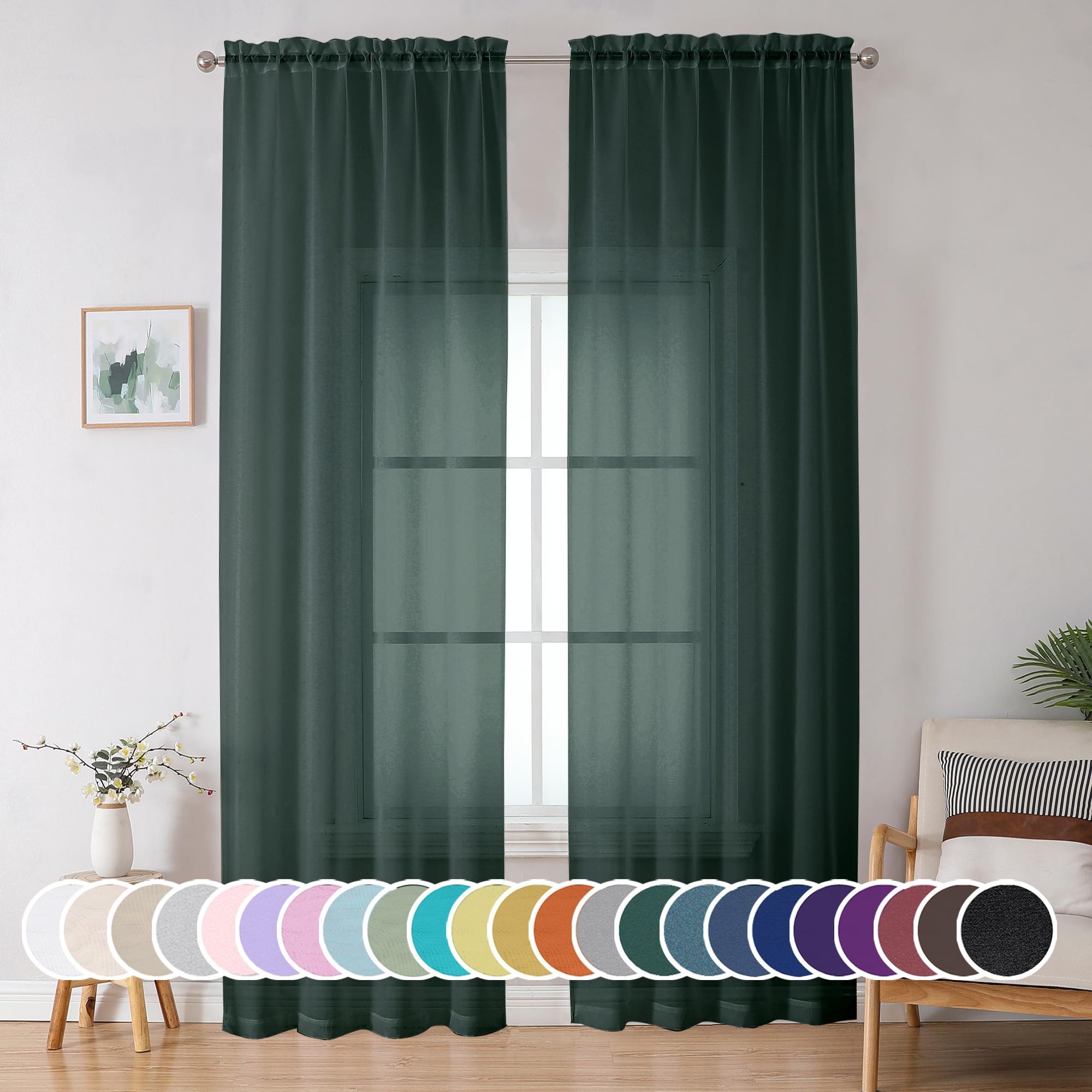 OWENIE Green Sheer Curtain 96 Inches Long 2 Panels Set for Christmas Decoration, Light Filtering Clear Sheer Curtain 95 for Bedroom/Living Room, 2Pcs, Each 42" W x 96" L
